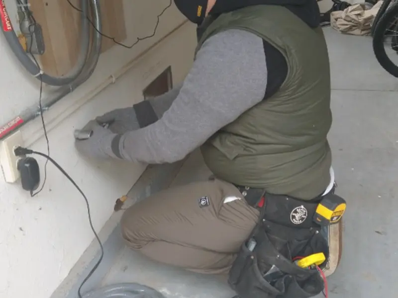 Electrician performing outlet wiring in a Green Lake garage
